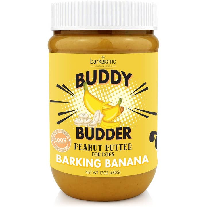 Bark Bistro Barking Banana Buddy Budder 17oz jar for wholesale by Elite Pet Distributors