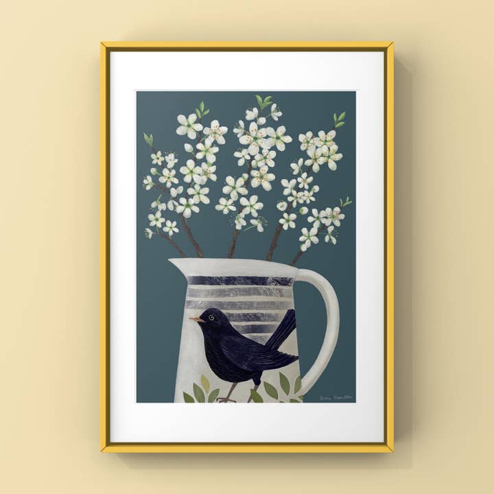 Blossom in Blackbird Jug Print by Susie Hamilton for wholesale by Susie Hamilton Art