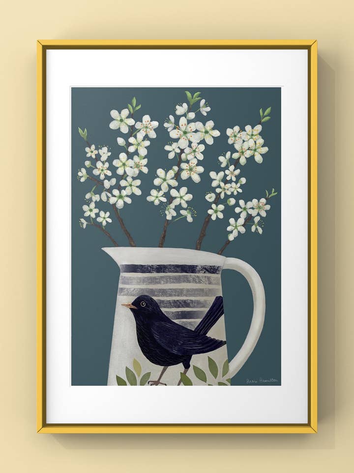 Flor em Jarro Blackbird Estampado por Susie Hamilton por atacado de Susie Hamilton Art