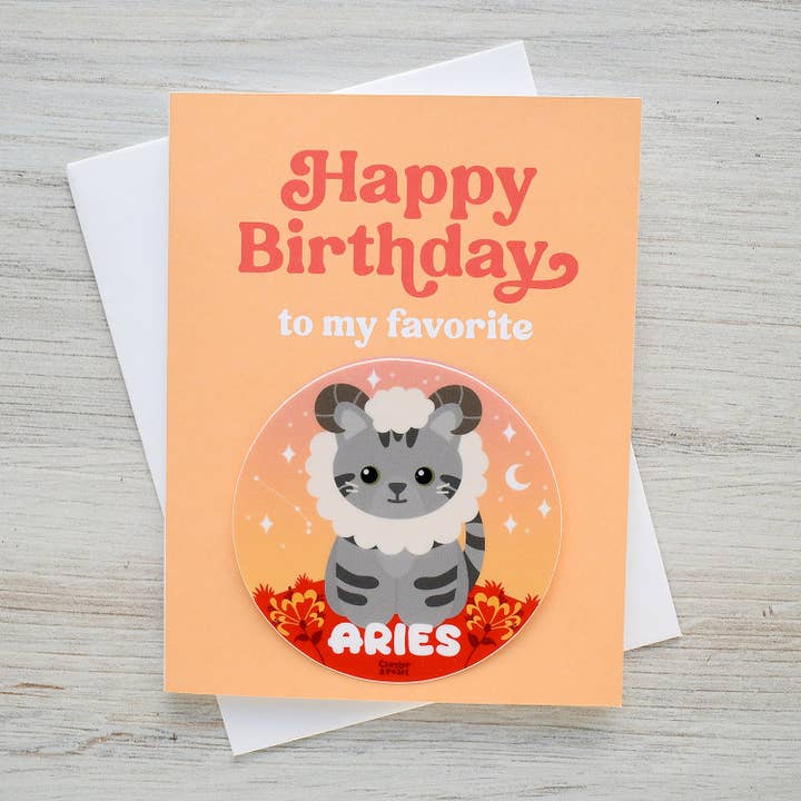 Aries Zodiac Cat Birthday Sticker Card for wholesale by Chester and Pearl