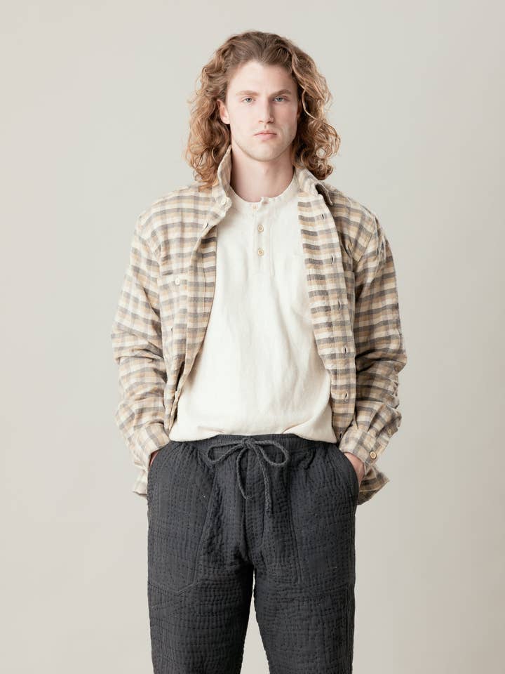 Vivek Overshirt Cotton Wool Checks Brown Multi for wholesale by Umber and Ochre