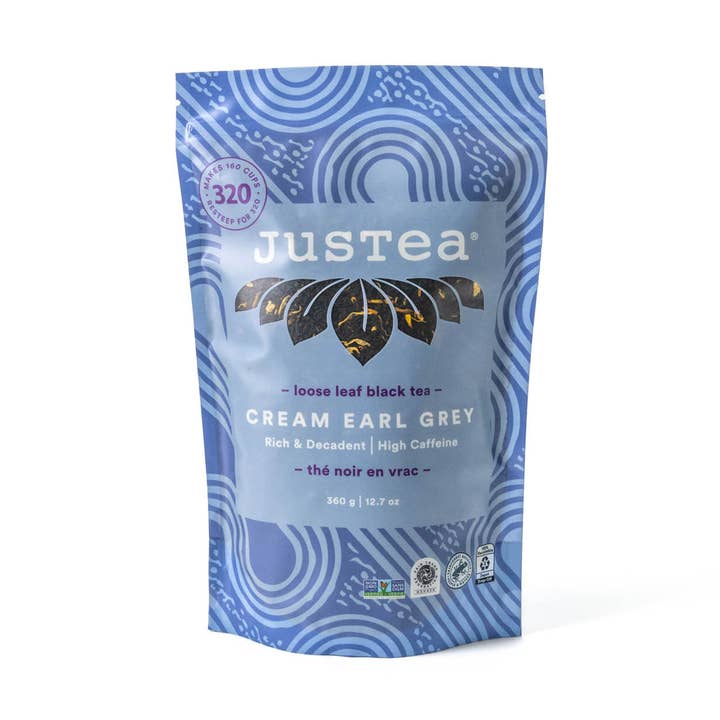 Thé noir Earl Grey en vrac en crème dans un grand sachet refermable pour la vente par JusTea