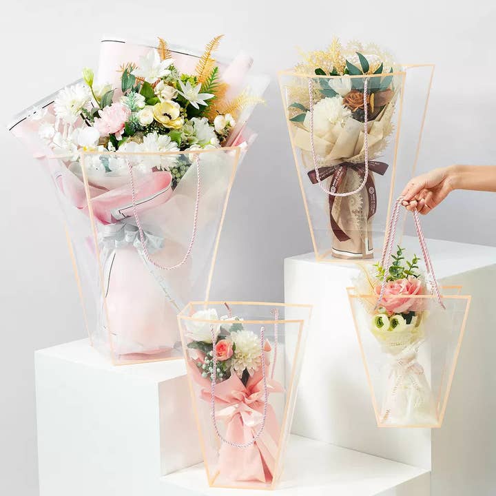Elegant Design Supply - Vendita all'ingrosso Buste regalo - Borsa per fiori trapezoidale in PVC trasparente Edge