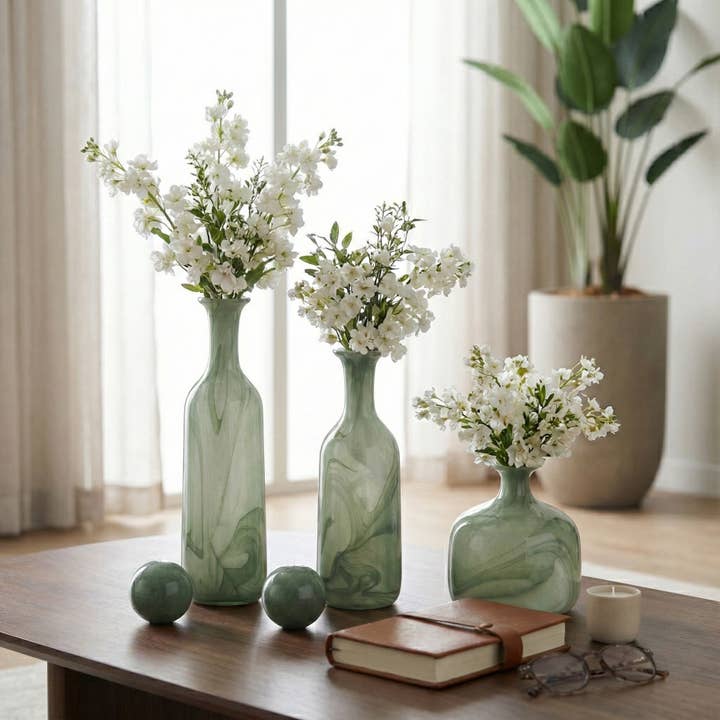 Vases Set of 3 - Green Glass Lidded Bottles, 12/17/19 in. for wholesale by Elevarre