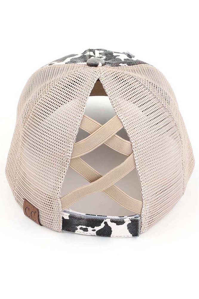 Hana - Vendita all'ingrosso Cappello per coda di cavallo - Donna - Berretto da baseball a coda di cavallo incrociata in rete con stampa di mucche C.C 3