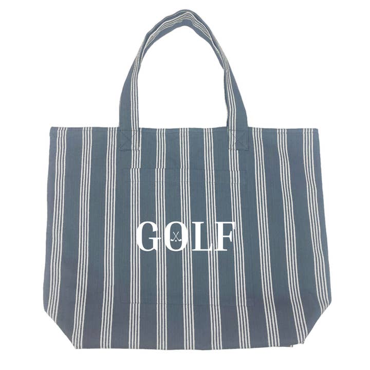 GOLF Tote - Rayure Ticking Bleue avec Blanc Mat pour la vente par Quilted Koala