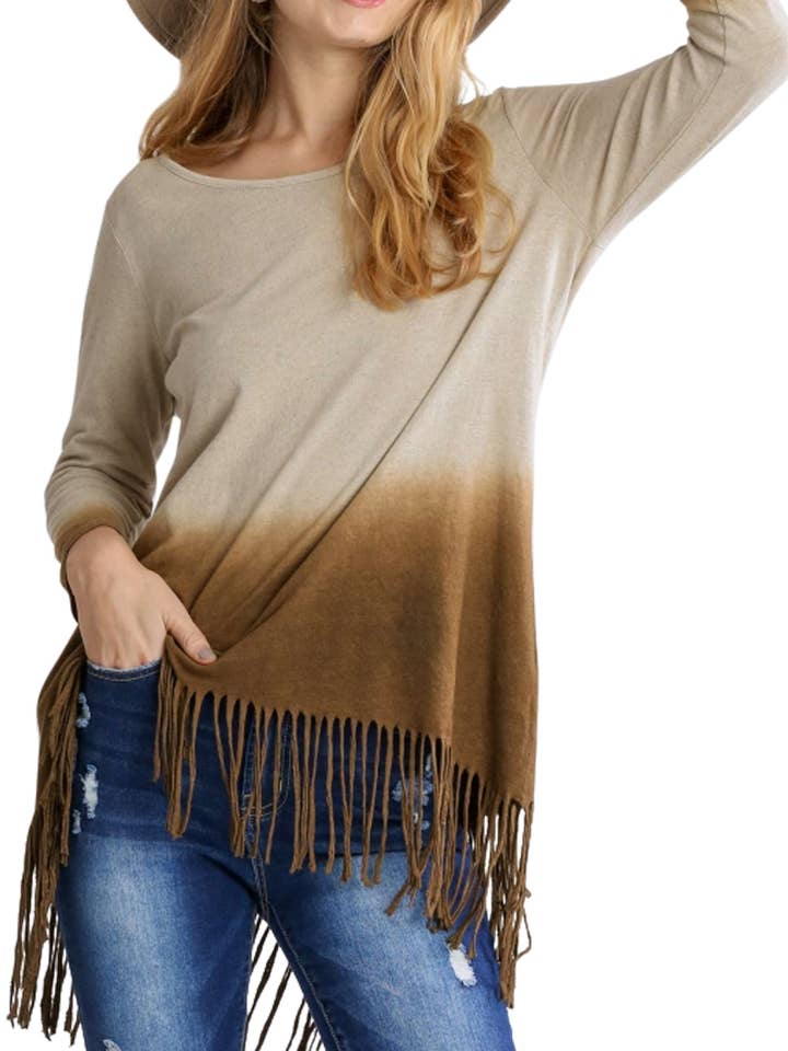 LINEN BLEND DIP DYE FRINGE HEM TUNIC TOP for wholesale by Vanilla Monkey