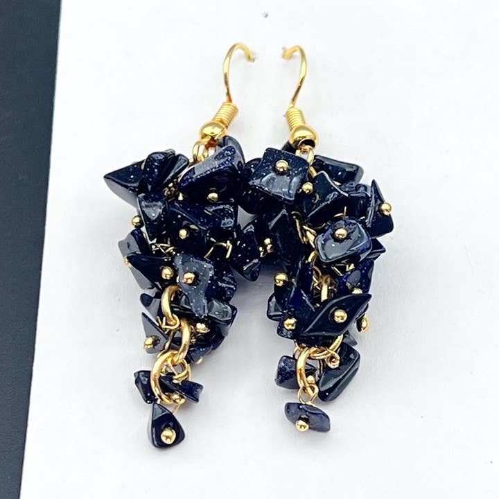 Blue Goldstone Grape Cluster Earrings with Gold Plated Wire for wholesale by Crystal River Gems LLC