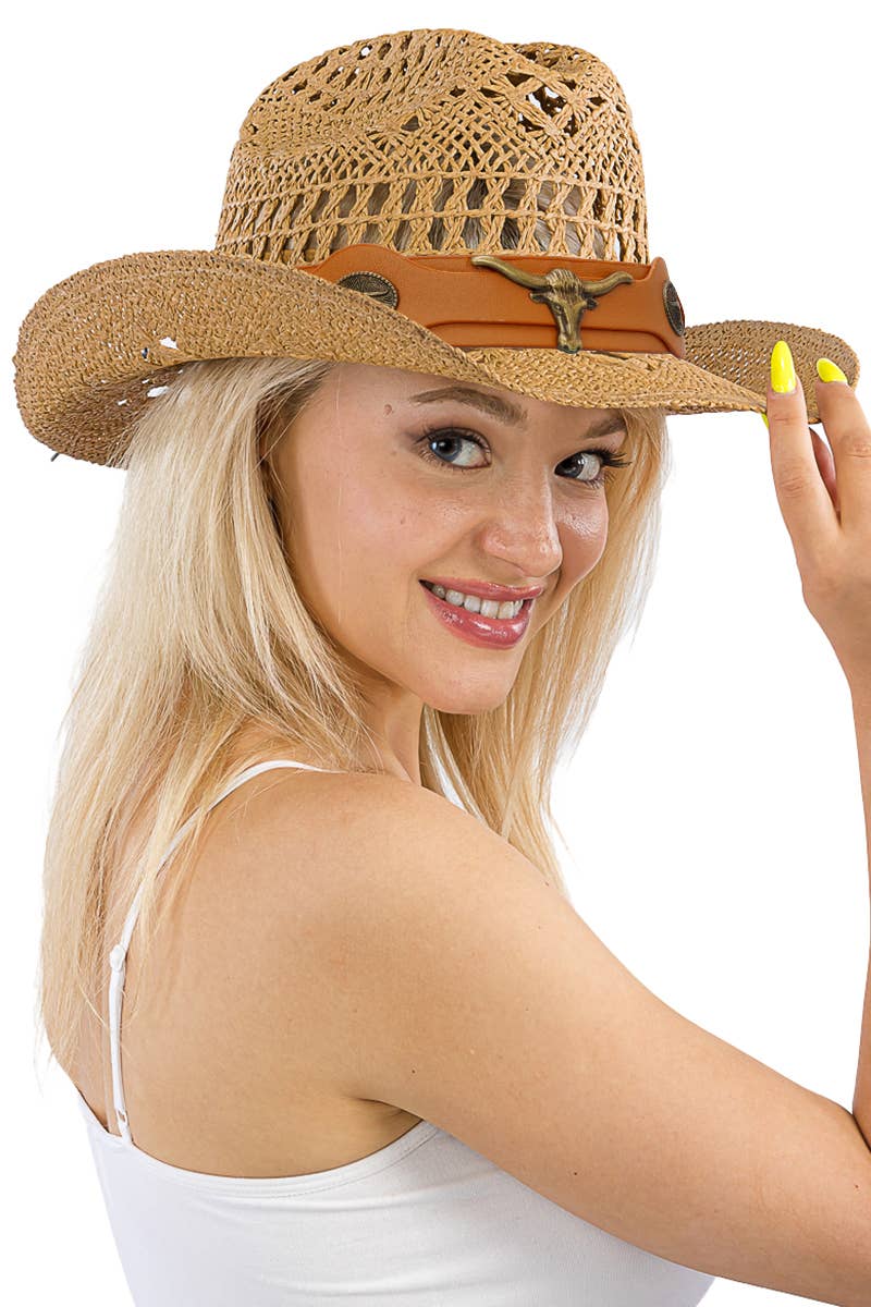 Cap Zone – Großhandel Cowboyhut – Damen – Gehäkelter Cowboyhut mit Longhorngürtel und Quarterhorse11