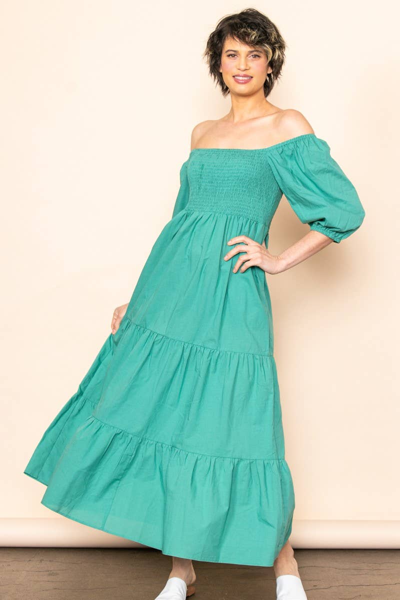 Elloh Collection - Wholesale Dress - Women's - On Off Shoulder Half Sleeve Cotton Smocked Tiered Maxi Dress7