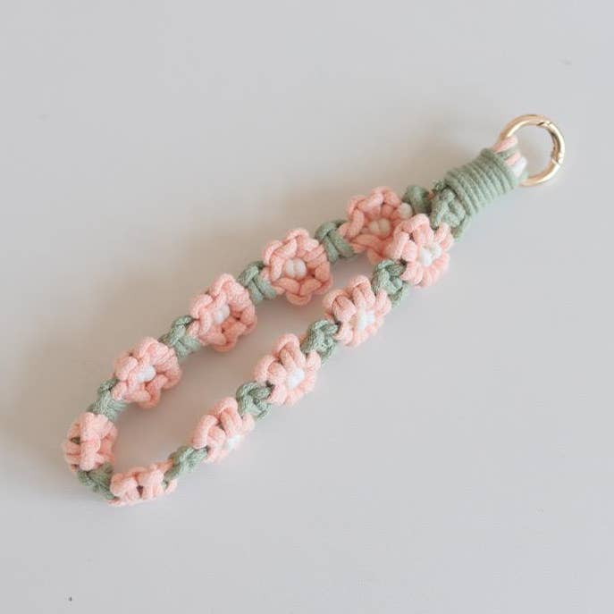 Macrame Boho Flower Wristlet Colorful Cotton Keyfob Keychain for wholesale by Weavey Studio
