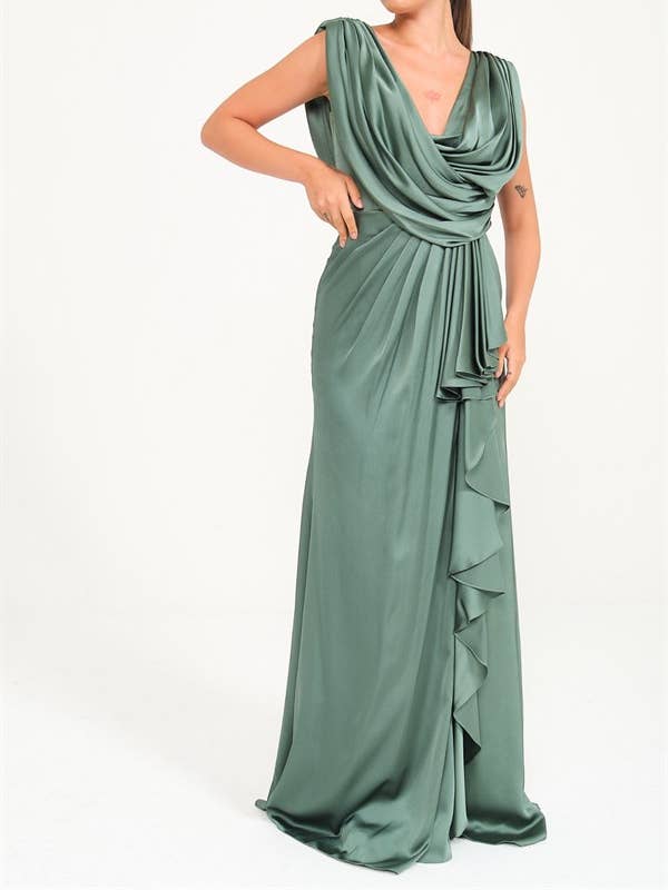 Collar Draped Ruffled Sleeveless Long Satin Evening Dress, for wholesale by fashionbyoz