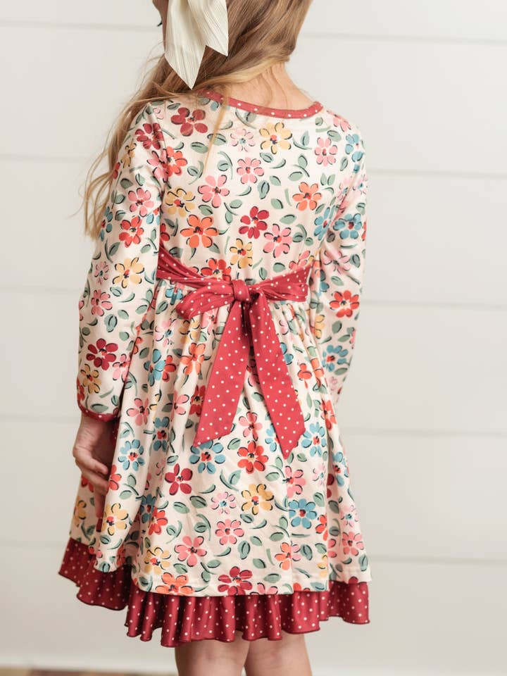 Adorable Sweetness - Wholesale Dress - Kids - Kids Cream & Burgundy Floral Ruffle Button Pocket Fall Dress