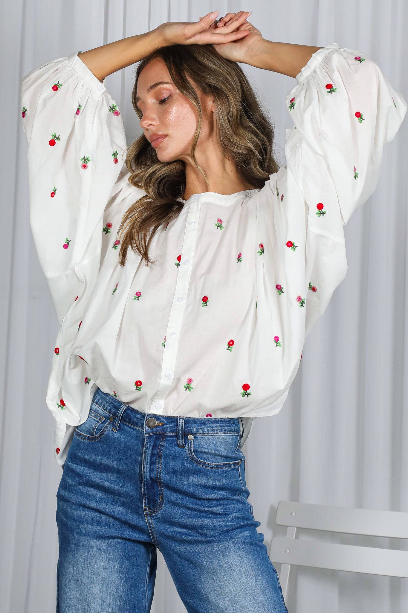 Off White English Ross Embroidered Draped 3/4 Sleeve Blouse VT82897 for wholesale on Faire2
