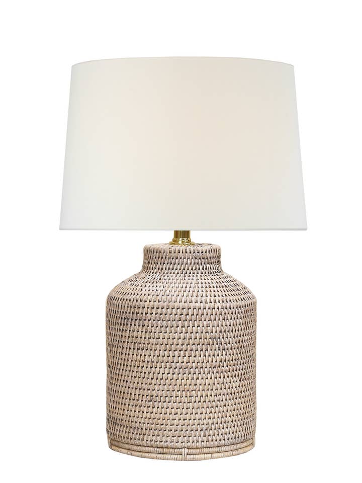 Newport Rattan Medium Table Lamp, White Wash for wholesale by Fox Mill Lighting & Supply Co.