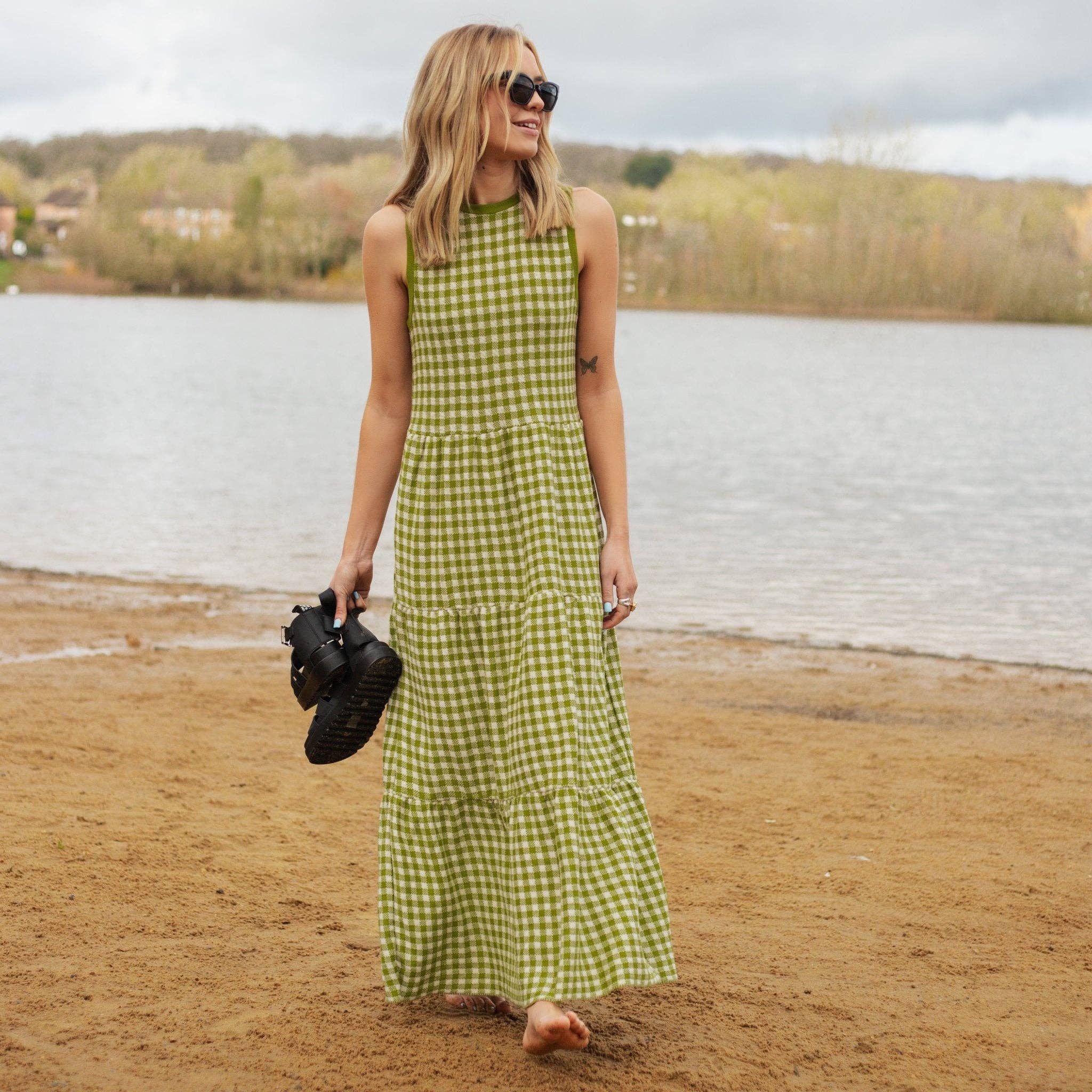 Cara & The Sky - Wholesale Dress - Women's - Paula Gingham Cotton Knitted Maxi Dress - Green5