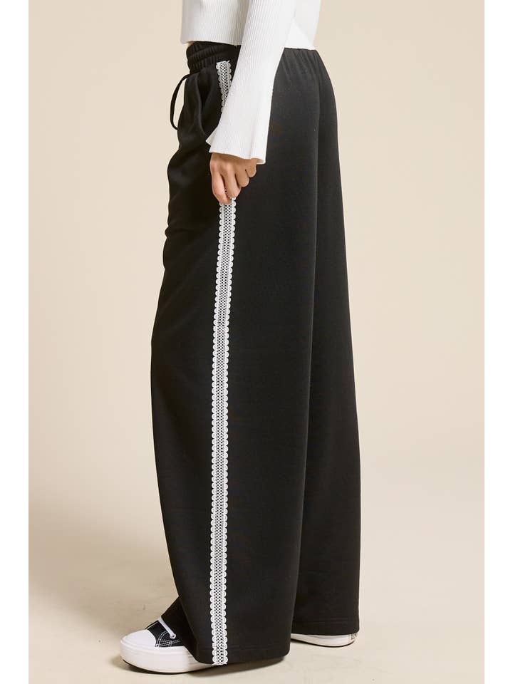 Black Lace Trim Wide Leg Track Pants with Drawstring Waist for wholesale on Faire3