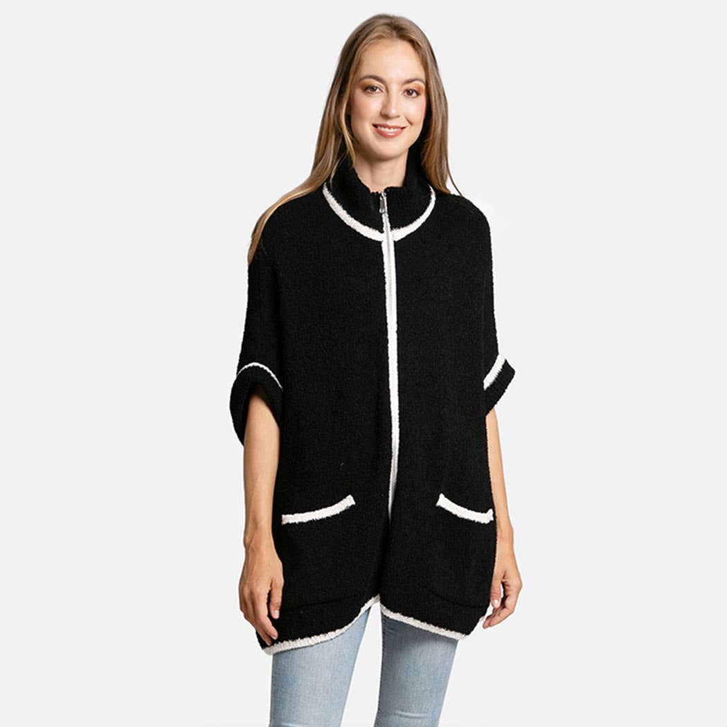 Fashion City - Wholesale Outerwear Poncho - Women's - Solid Zipper Jacket with Outlined Edges2