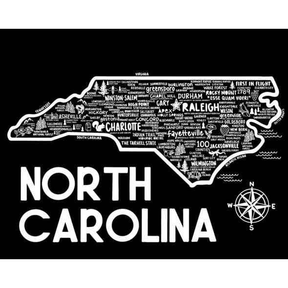 Carte Caroline du Nord Noir pour la vente par Whereabouts Shop