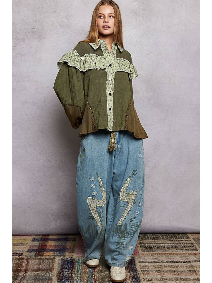 Pol Clothing - Wholesale Buttoned-down shirt – Women's - Balloon sleeve double gauze printed floral stud shirt SALE28