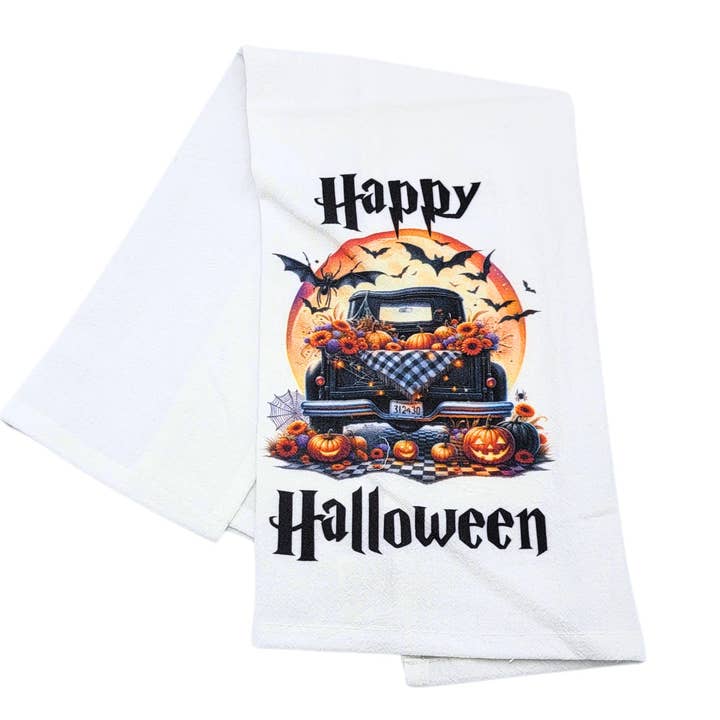 Driftless Studios - Wholesale Tea Towel - Happy Halloween Truck Fall Décor Halloween Tea Towels