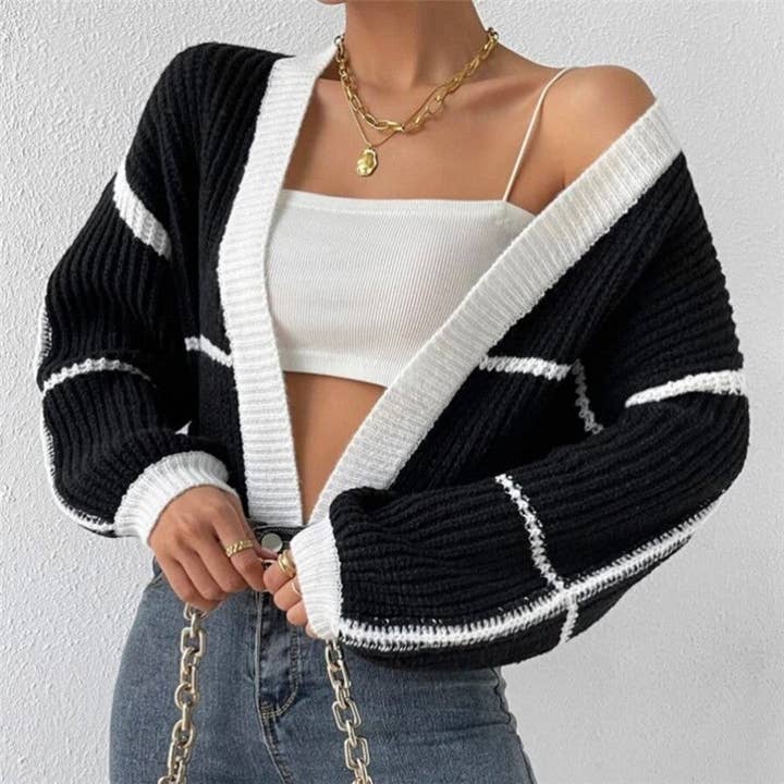 OceanusSwim – wholesale Cardigan – Women’s – Knitted Short Cardigan With Exposed Navel And Color Collision1