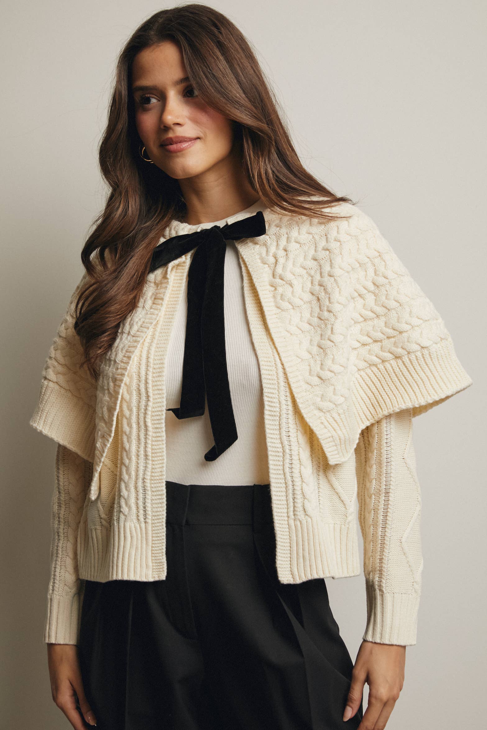 Forte – wholesale Cardigan – Women’s – Cable Knit Capelet Cardigan with Velvet Bow FSW0017 28