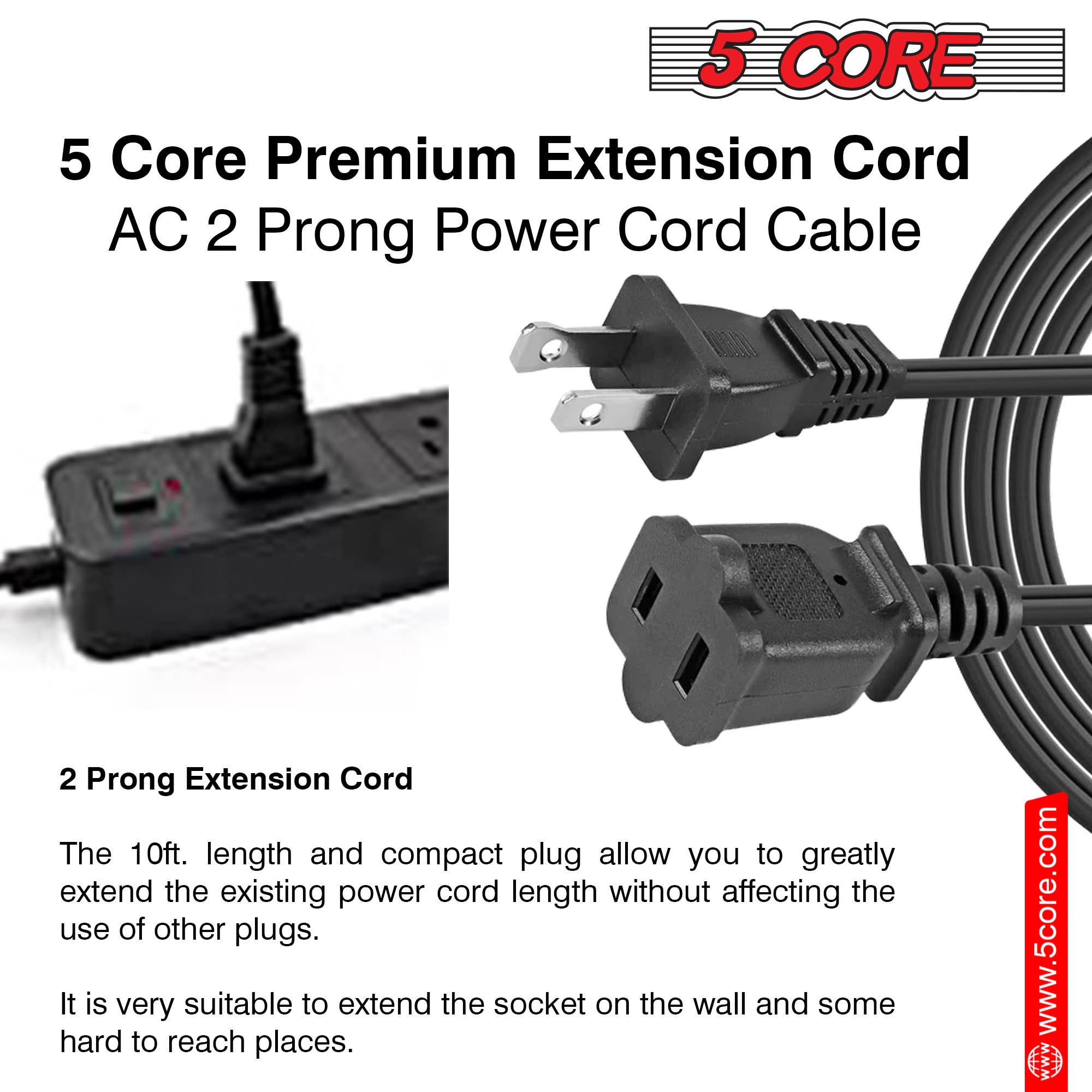K Cube Inc - Wholesale Speakers - 5Core AC Power Cord 10Ft Male Female 2 Prong Extension Cords1