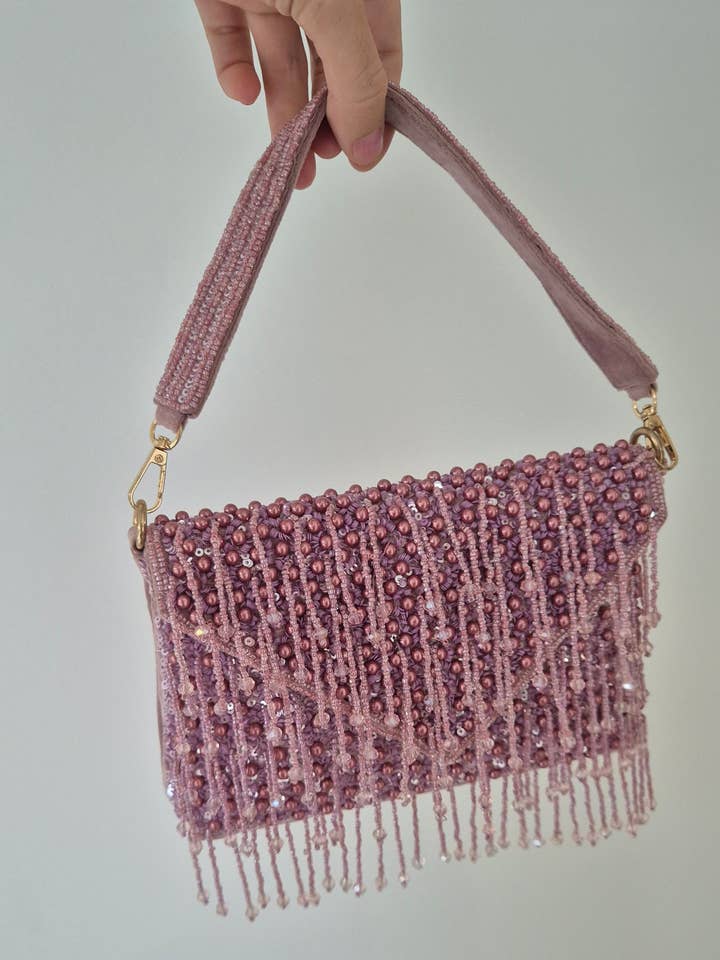 Handbag Beaded Tassel Drop Pearl Berry Pink Bag for wholesale by Melci Studio