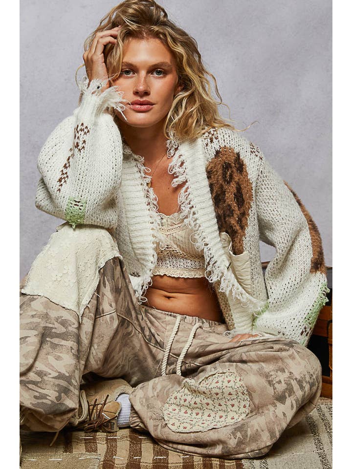 Pol Clothing - Wholesale Cardigan - Women's - Long sleeve contrast leopard pattern sweater cardigan top2