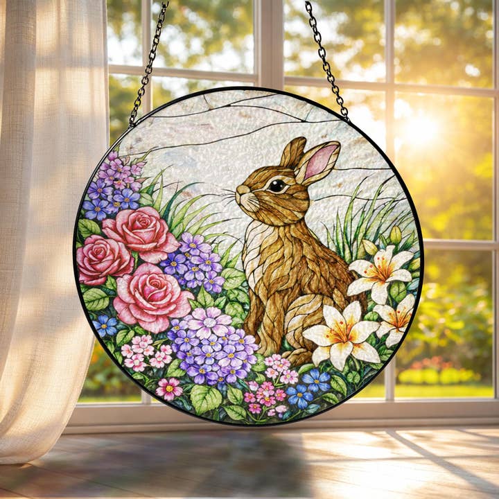 Attrape-soleil en vitrail de lapin, suspension de fenêtre de Pâques avec lapin pour la vente par Glaizyo