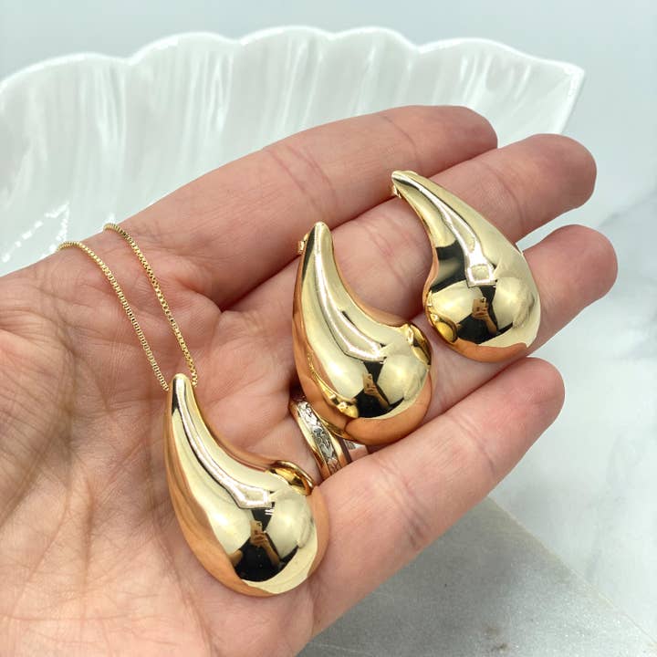 18k Gold Filled Teardrop Shape Light and Hollow Stud Earrings, Cuff Bracelet or Necklace for wholesale by Luxus Accessories