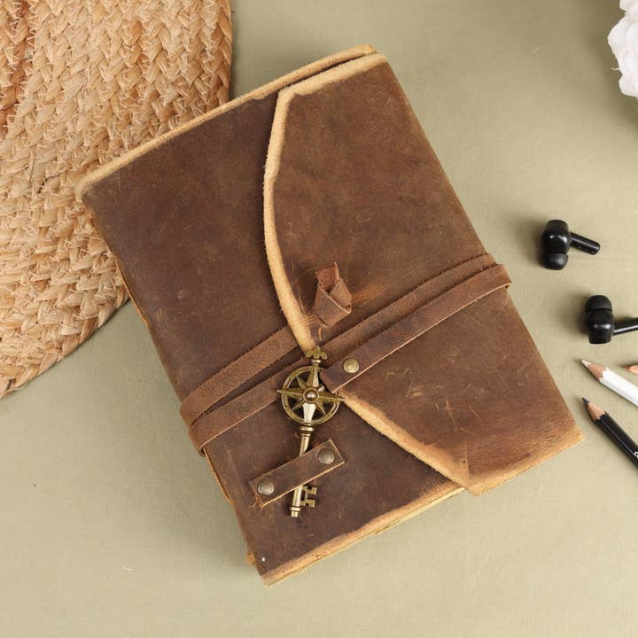 R K Handicrafts and Exporters - Wholesale Journal/Diary - Vintage Leather Bound Grimoire Journal with Key 6*8 Size