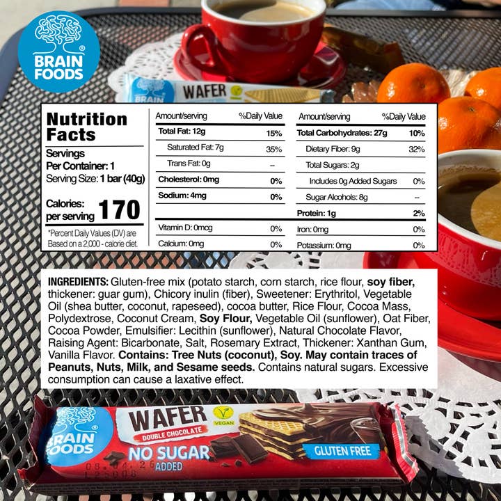Wilton Mettler LLC - Wholesale Snack Bar - BRAIN FOODS Gluten Free Vegan Wafers (Double Chocolate)1