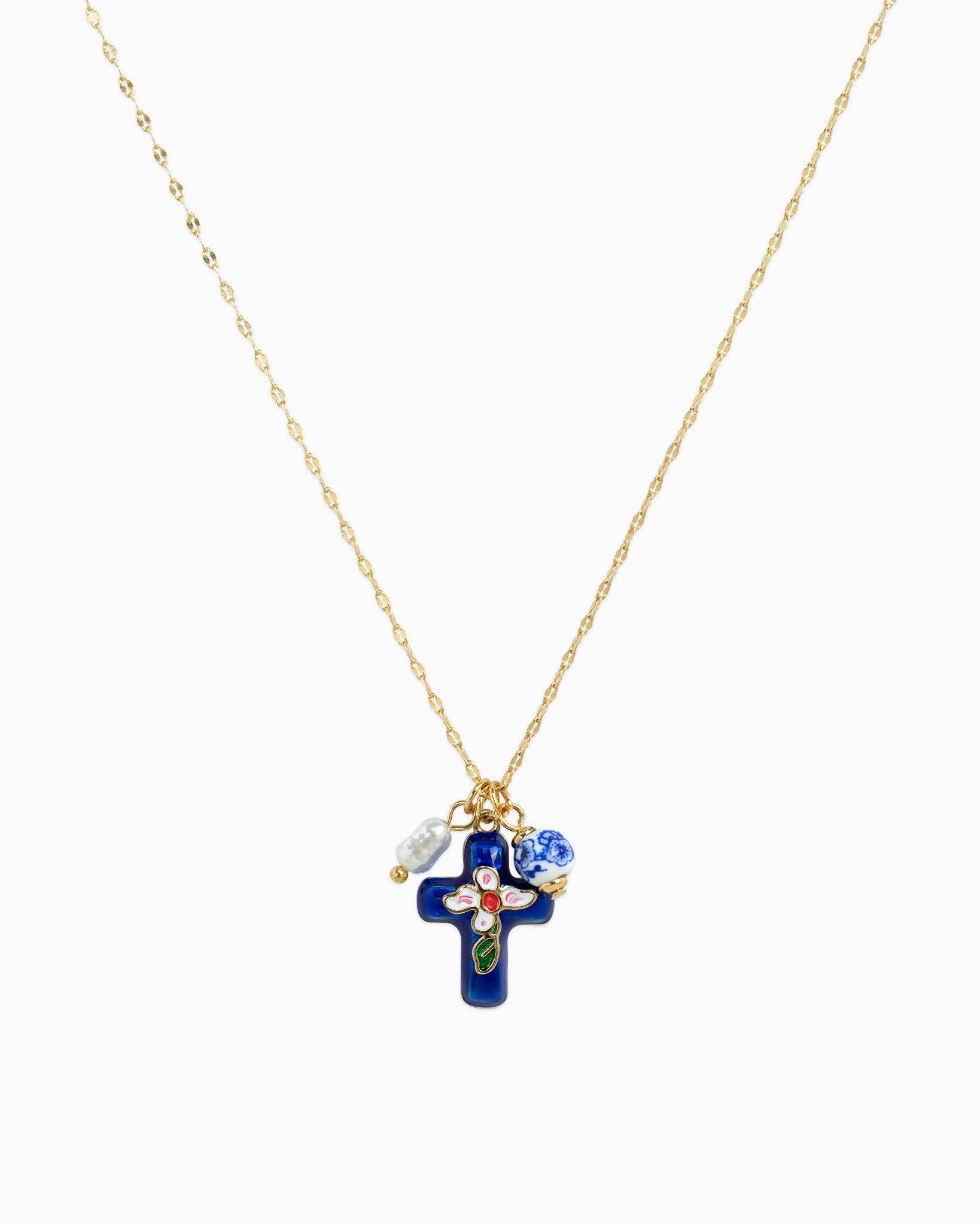 Sessori - Wholesale Pendant/Charm Necklace - Porcelain Inspired Vintage Floral Cross Necklace0