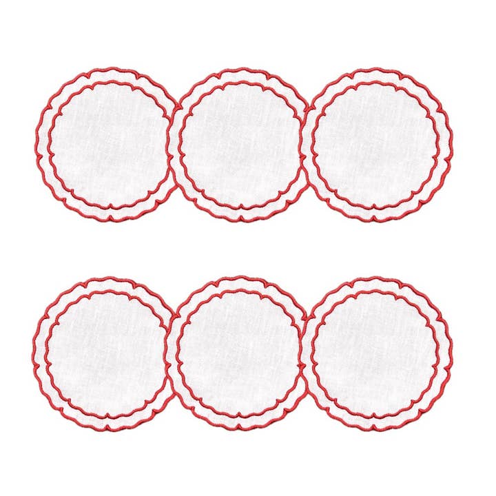 Skyros Designs - Wholesale Coasters - Linho Scalloped Round Coaster White / Red - Boxed Set of 6