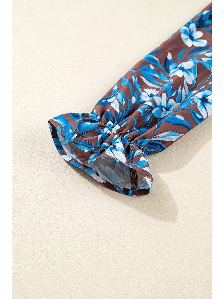 Blue Floral Smocked Bodice Ruffle Sleeve Dress for wholesale on Faire5