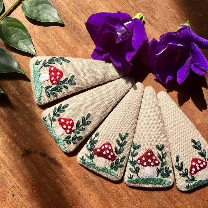 Mushroom Embroidered Hair Barrette🪡 for wholesale by Quince Fables