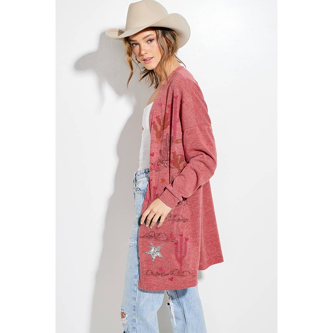 Phil Love – Großhandel Strickjacke – Damen – Wüstenkaktus Stern Glitzerprint Strickjacke18