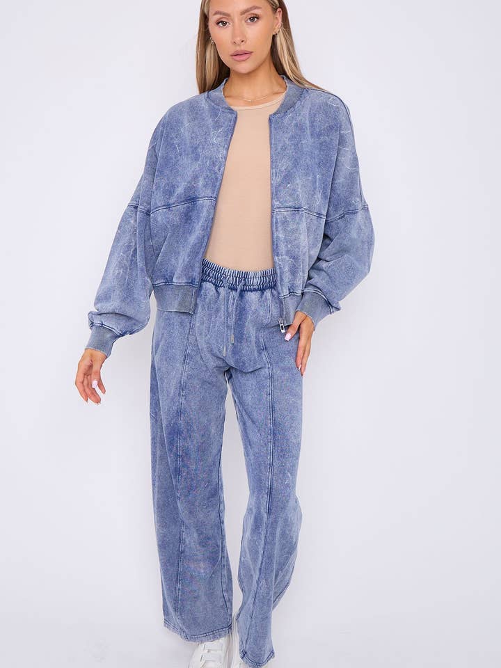 Acid Wash Oversized Bomber Style Fleece Zipper Co-ord for wholesale by Stylewise Direct