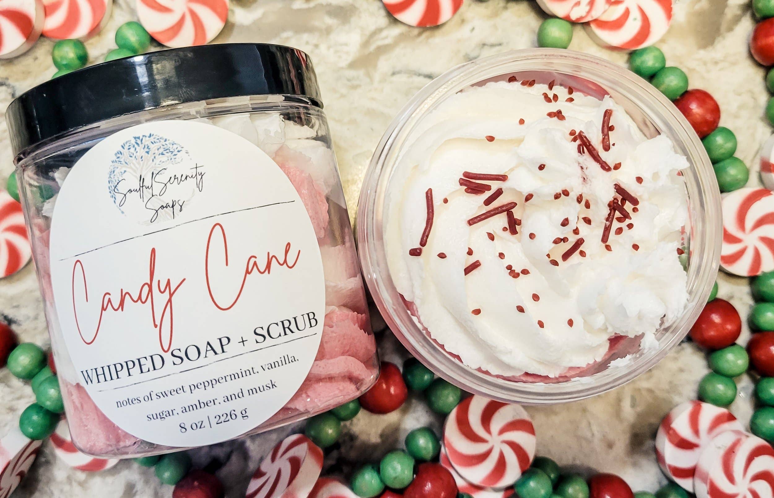 Soulful Serenity Soaps - Wholesale Whipped Soap - Candy Cane Whipped Soap + Scrub2