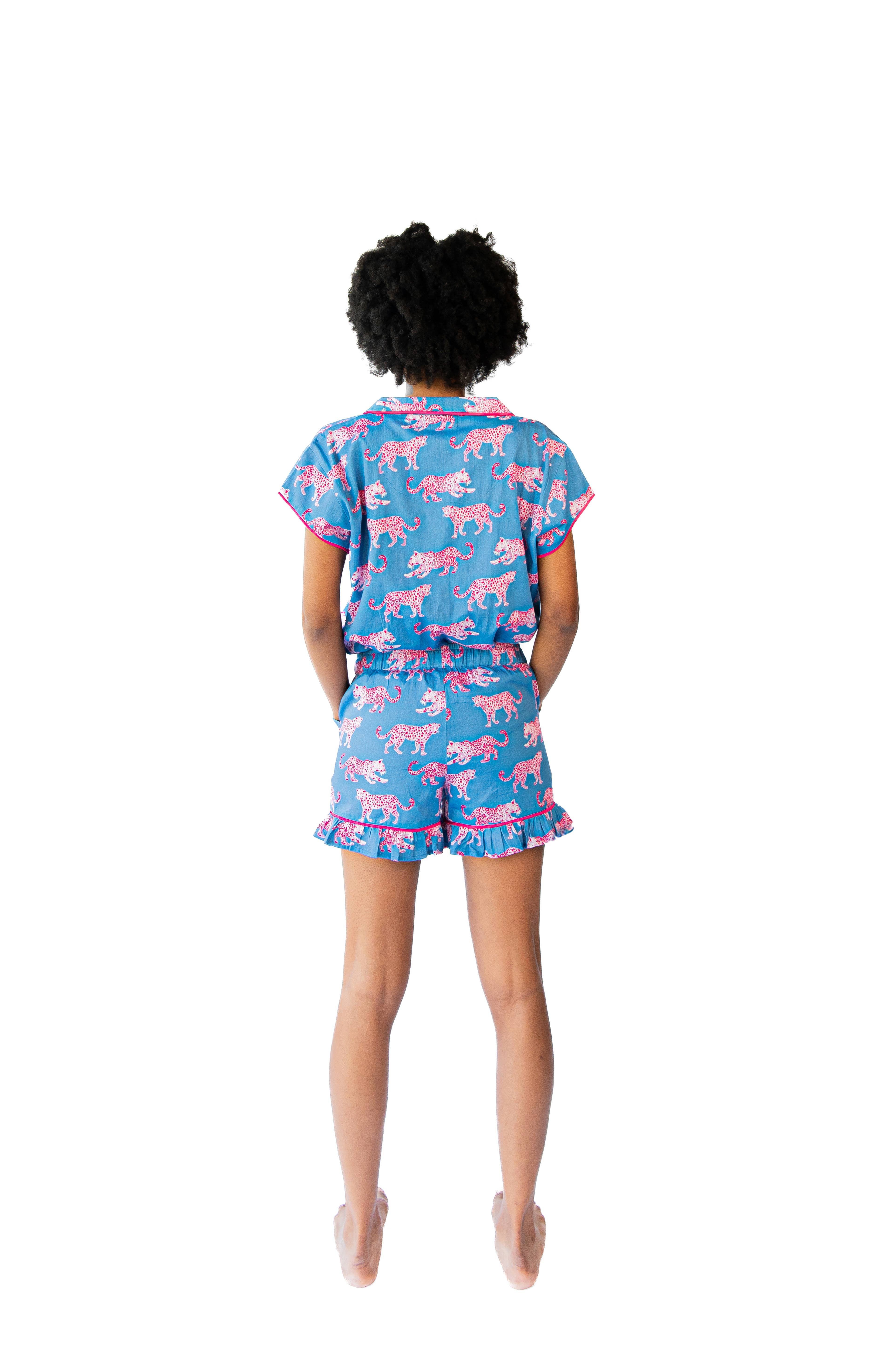Pink Leopards Luxe Ruffled Pajama Summer Set - Blue & Pink for wholesale on Faire1