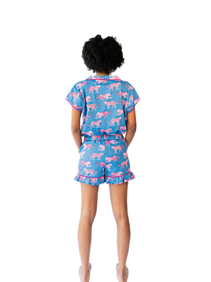 Pink Leopards Luxe Ruffled Pajama Summer Set - Blue & Pink for wholesale on Faire1
