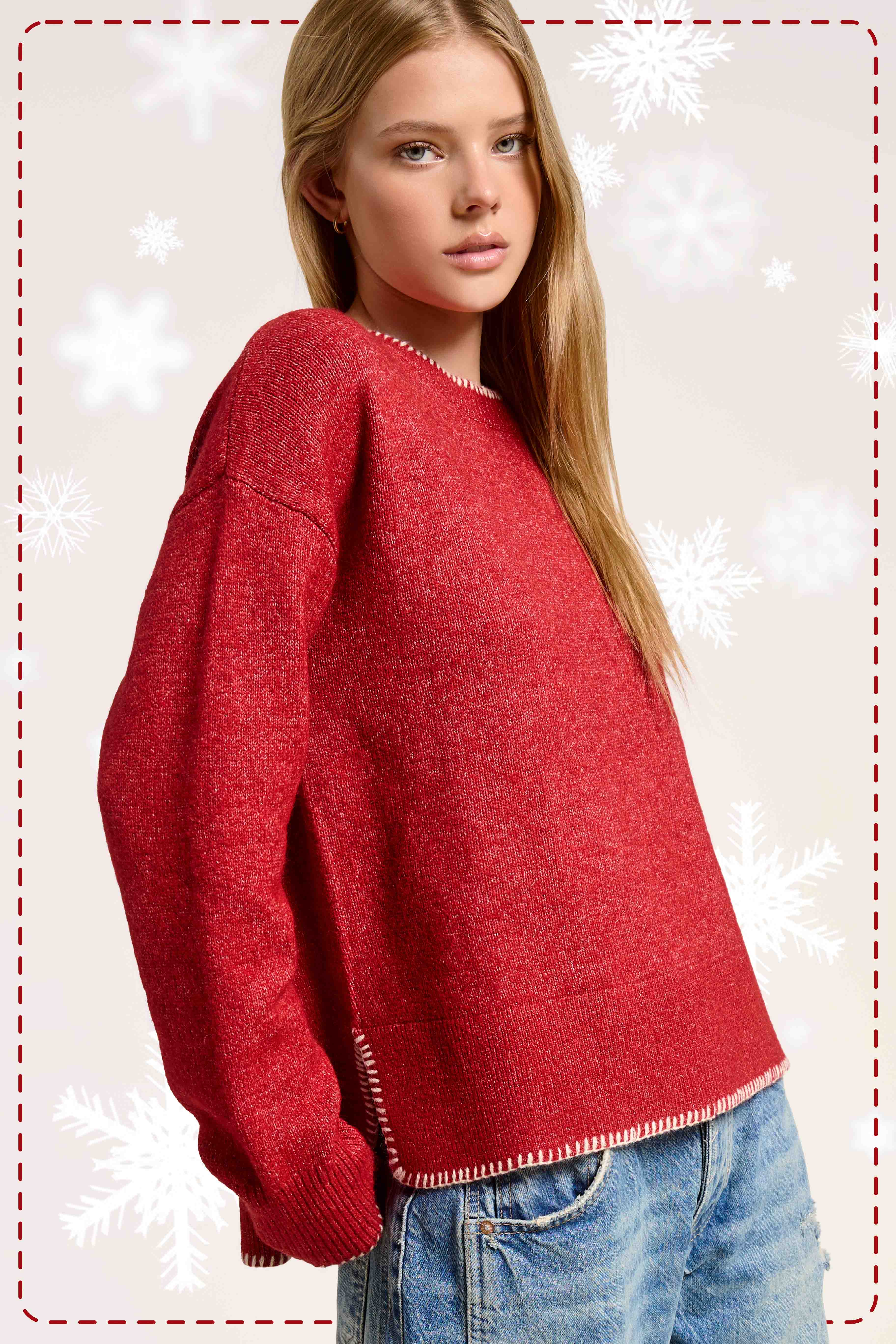 La Miel - Wholesale Knit Sweater - Women's - JDS3607-Hi-Low Crew Neck Sweater W/ Contrast Blanket Stitch15