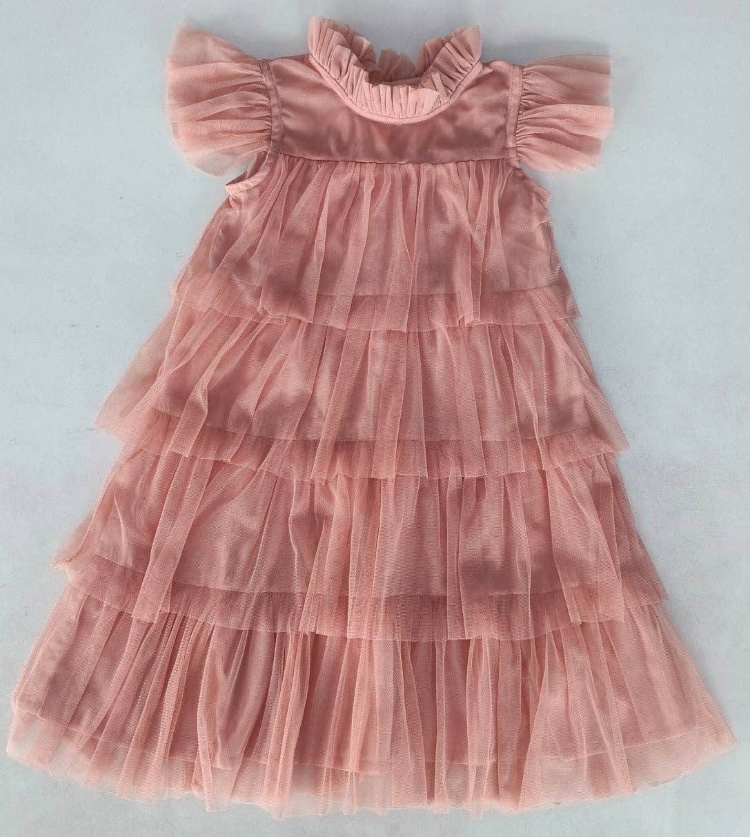 Yo Baby – wholesale Dress – Kids – Dark Pink Tulle Solid Color Neck & Sleeve Ruffled Tiered Dress3