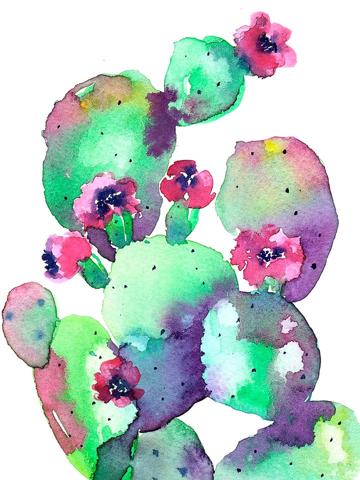 Prickly Pear Cactus with Pink Flowers Watercolor Art Print for wholesale by Pink Puddle Studio
