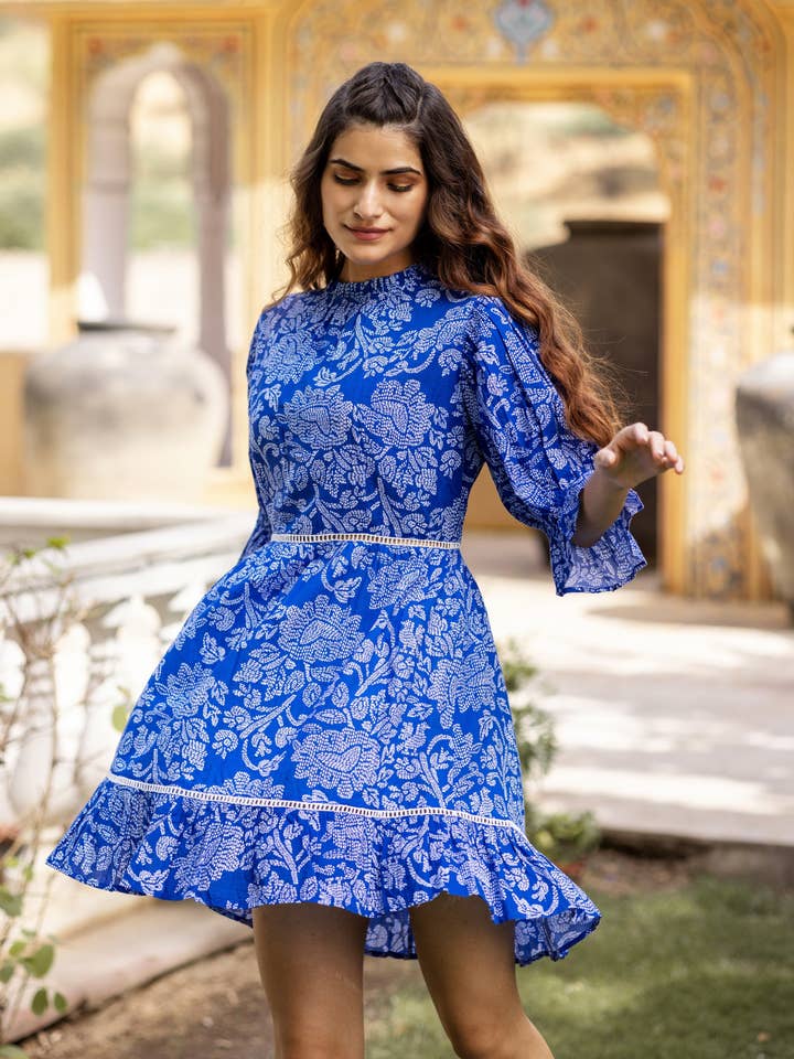 Talia Dress | Blue Printed Day Dress with Lace Details for wholesale by Origin Pink