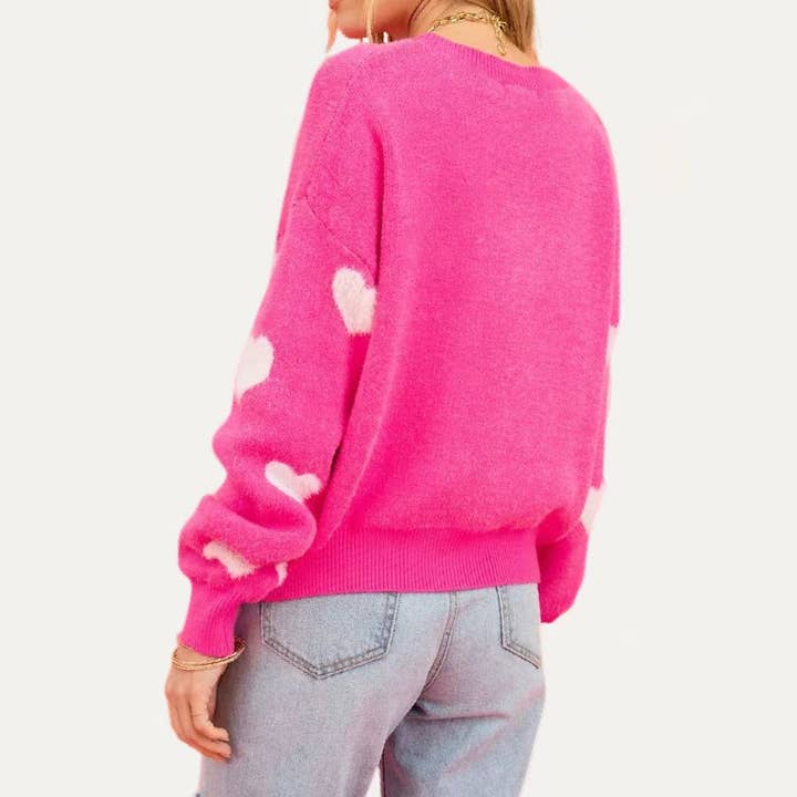 Rose Pink Valentine's Special Eyelash Knit Long Sleeve Sweater for wholesale on Faire8