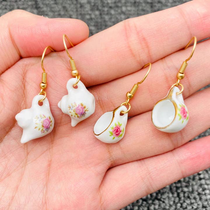 Mio Queena - Wholesale Dangle Earrings - Pink flower Ceramic Teapot & Tea Cup Charm Dangle Earrings