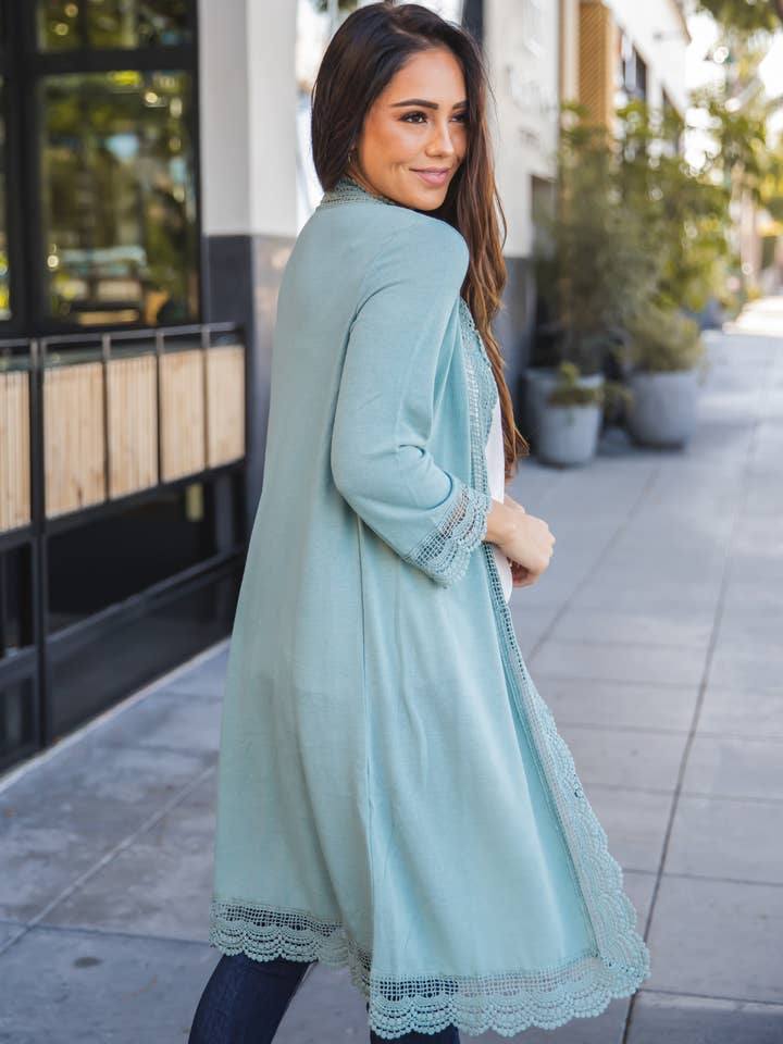 Tickled Teal - Wholesale Cardigan - Women's - 3/4 Sleeve Lace Trim Cardigan29